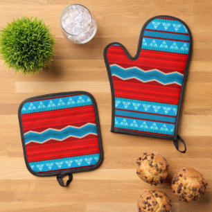 Southwest River Canyon Geometric Red Turquoise Oven Mitt & Pot Holder Set