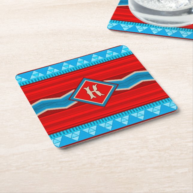 Southwest River Canyon Red Turquoise Monogrammed Square Paper Coaster (Angled)