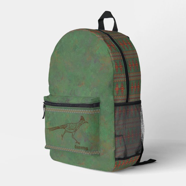 Southwest Roadrunner Green Geometric Personalized Printed Backpack (Back Corner Right)