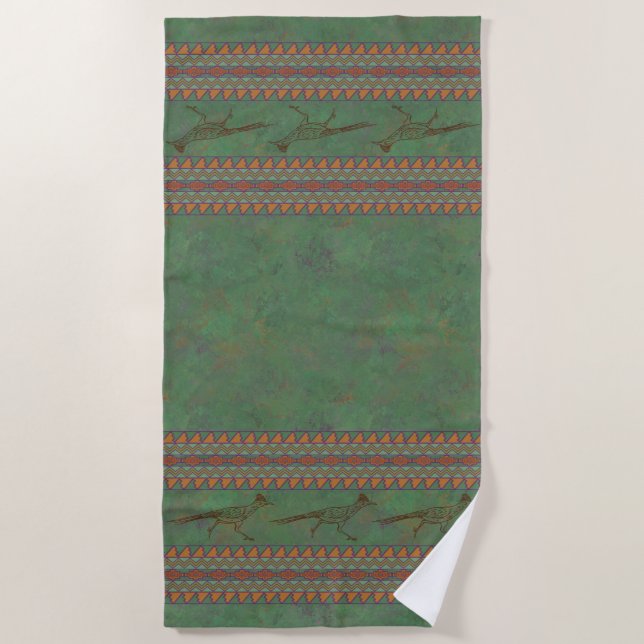 Southwest Roadrunner Sagebrush Green Beach Towel (Front)