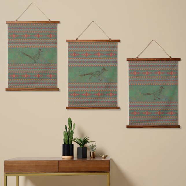 Southwest Roadrunner Sagebrush Green Geometric Set Hanging Tapestry (Asymmetrical)