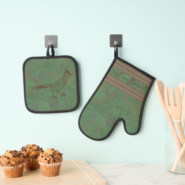 Southwest Roadrunner Sagebrush Green Oven Mitt & Pot Holder Set (Insitu(Hanging))