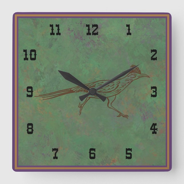 Southwest Roadrunner Sagebrush Green Western Style Square Wall Clock (Front)