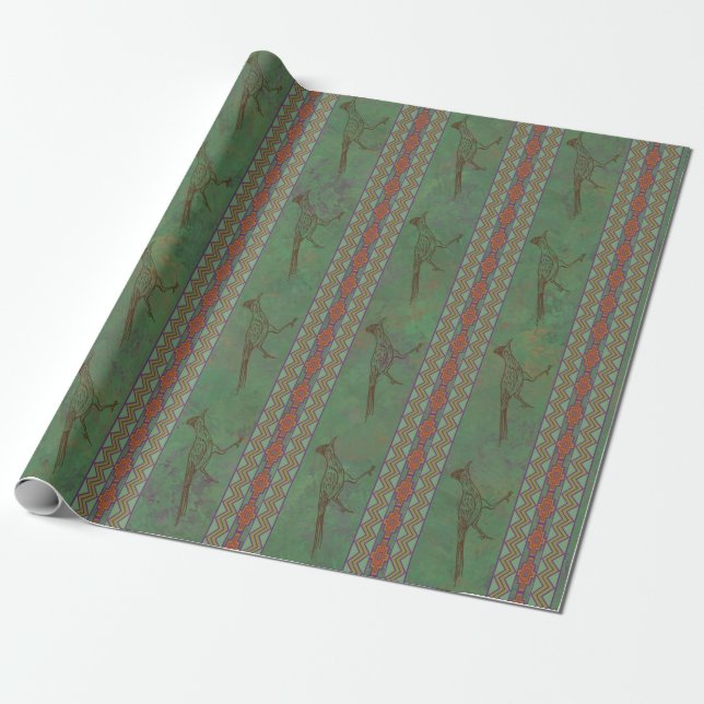 Southwest Roadrunner Sagebrush Green Wrapping Paper (Unrolled)