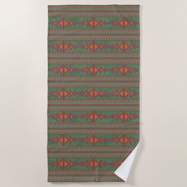 Southwest Sagebrush Green Geometric Design Beach Towel (Front)