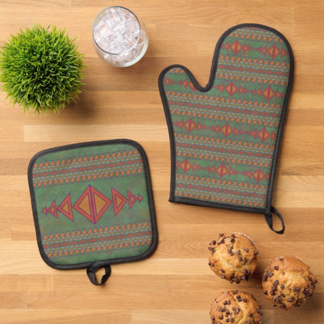 Southwest Sagebrush Green Geometric Design  Oven Mitt & Pot Holder Set (Top Down)