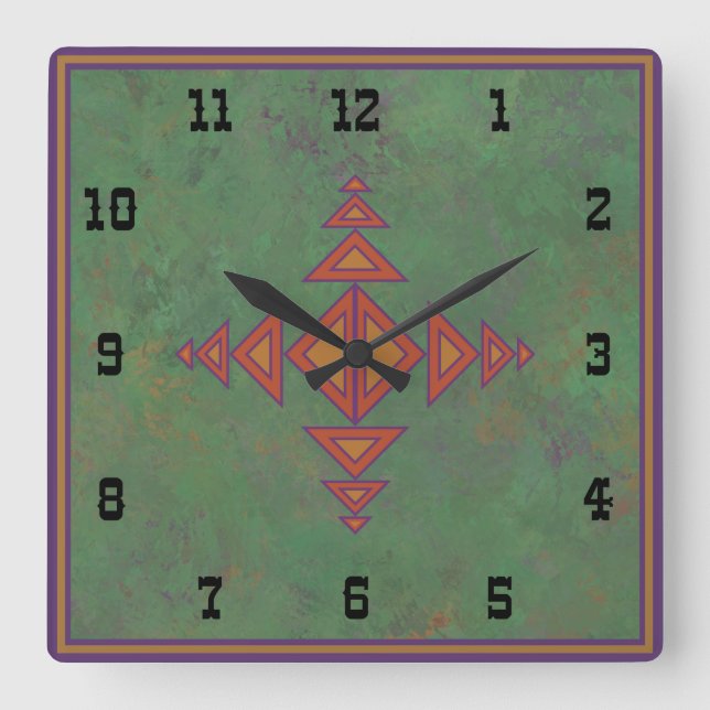 Southwest Sagebrush Green Geometric Western Style Square Wall Clock (Front)