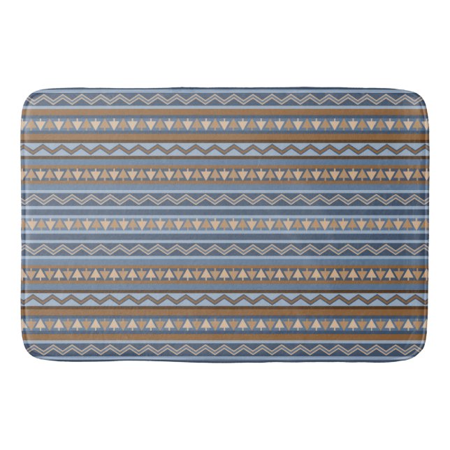 Southwest Style Blue and Brown Geometric Pattern Bath Mat (Front)
