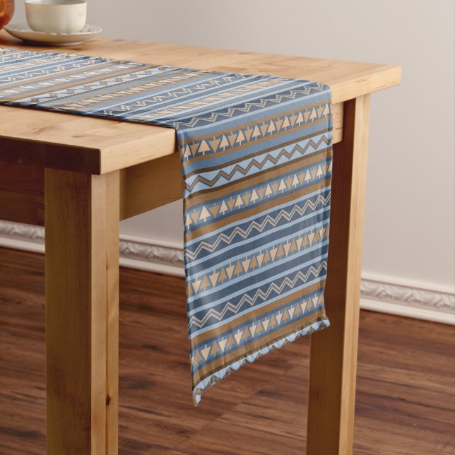 Southwest Style Blue and Brown Geometric Pattern Medium Table Runner (In Situ)