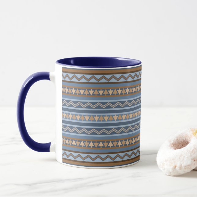 Southwest Style Blue and Brown Geometric Pattern Mug (With Donut)