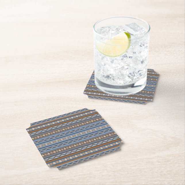 Southwest Style Blue and Brown Geometric Pattern Paper Coaster (Insitu)