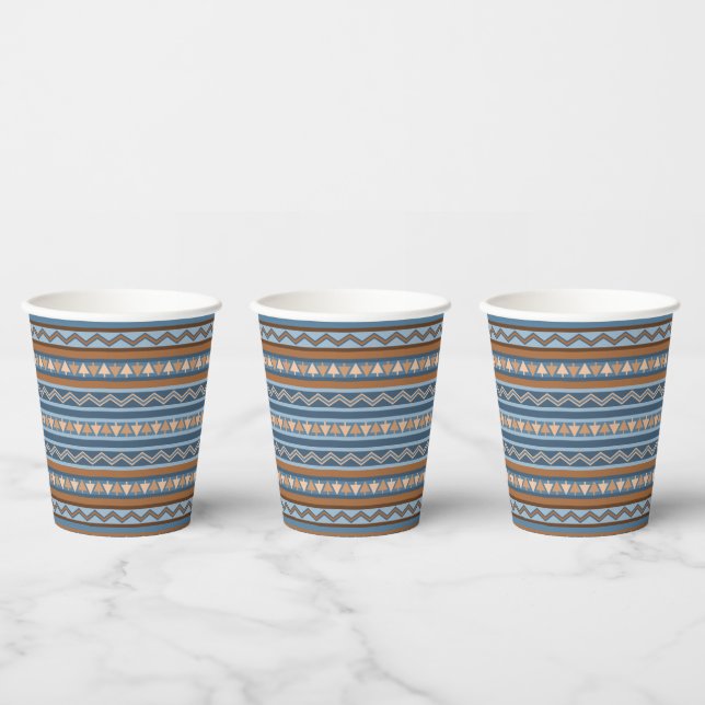 Southwest Style Blue and Brown Geometric Pattern Paper Cups (Multi)