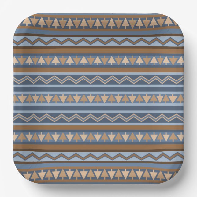 Southwest Style Blue and Brown Geometric Pattern Paper Plate (Front)