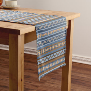 Southwest Style Blue and Brown Geometric Pattern Short Table Runner