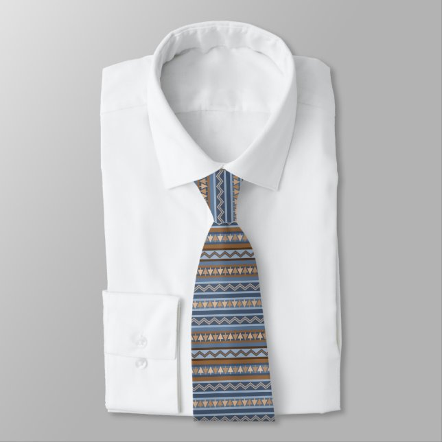 Southwest Style Blue and Brown Geometric Pattern Tie (Tied)