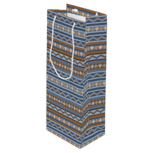 Southwest Style Blue and Brown Geometric Pattern Wine Gift Bag