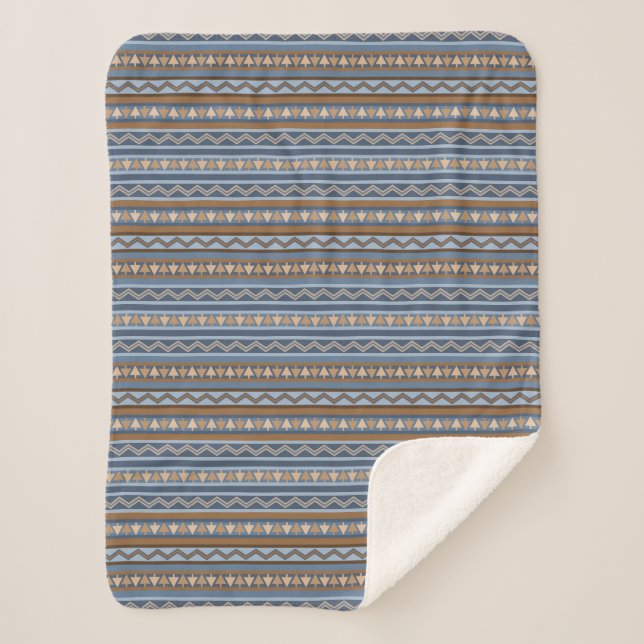 Southwest Style Blue and Brown Geometric Small Sherpa Blanket (Front)