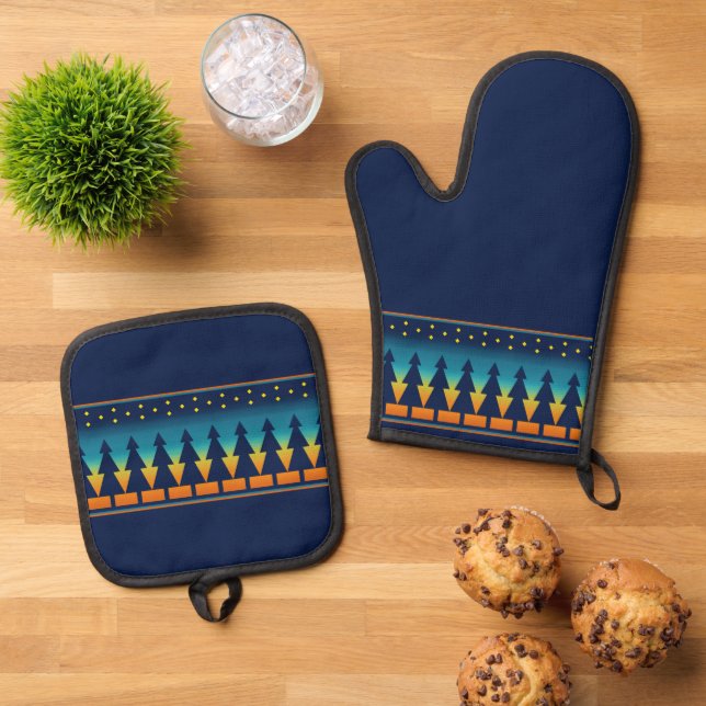 Southwest Sunset Pines Blue Oven Mitt & Pot Holder Set (Top Down)