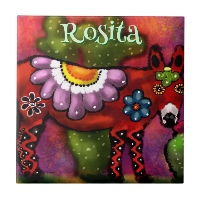 Southwest Talavera-Style Donkey Personalized Tile (Front)