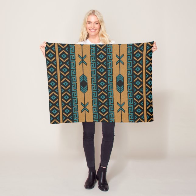 Southwest Tan Turquoise Black Aztec Pattern Fleece Blanket (In Situ)