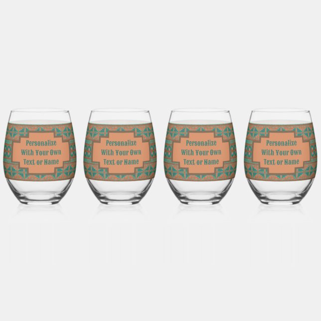 Southwest Teal Copper Colour Geometric Personalize Stemless Wine Glass (Front)