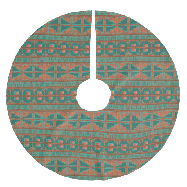 Southwest Teal Copper Colours Geometric Pattern Brushed Polyester Tree Skirt (Front)
