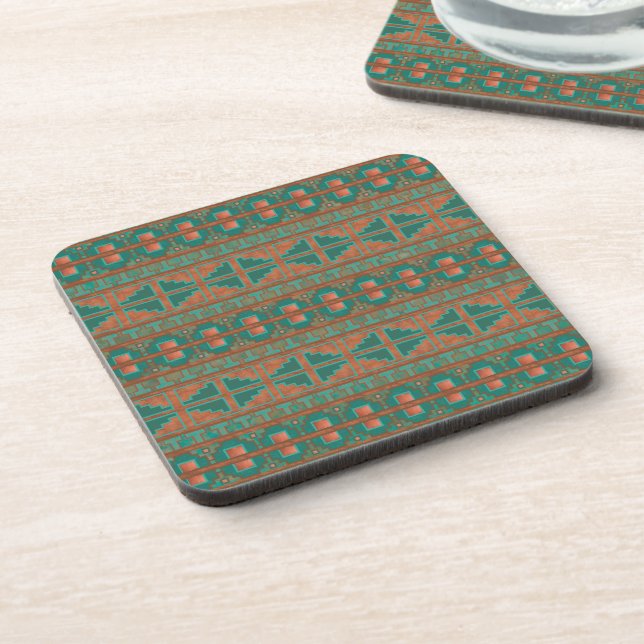 Southwest Teal Copper Colours Geometric Pattern Coaster (Left Side)