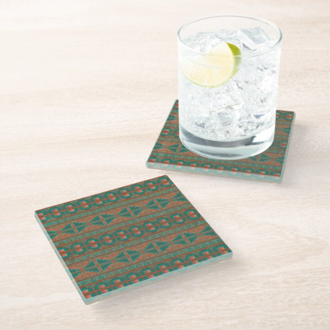Southwest Teal Copper Colours Geometric Pattern Glass Coaster (Angled)