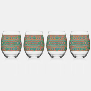 Southwest Teal Copper Colours Geometric Pattern Stemless Wine Glass