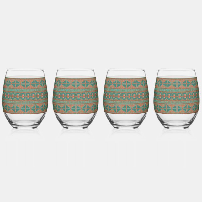 Southwest Teal Copper Colours Geometric Pattern Stemless Wine Glass (Front)