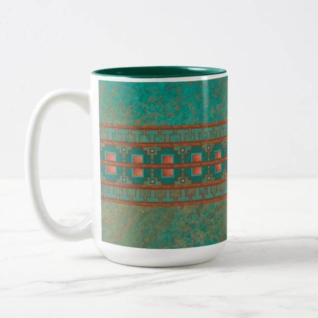 Southwest Teal Copper Colours Geometric Pattern Two-Tone Coffee Mug (Left)