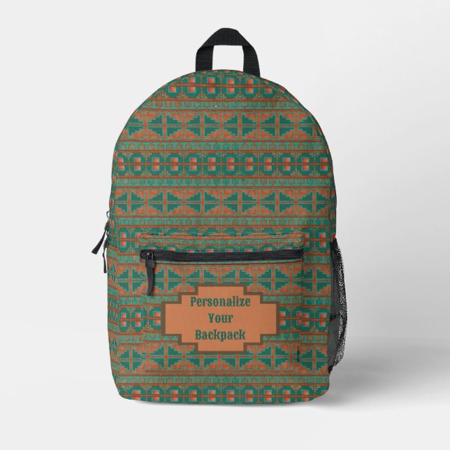 Southwest Teal Copper Geometric Print Personalized Printed Backpack (Front)