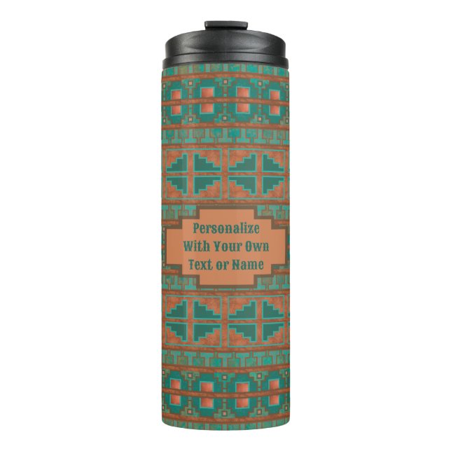 Southwest Teal Copper Geometric Print Personalized Thermal Tumbler (Front)