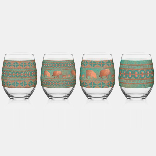 Southwest Teal Copper Javelinas and Geometric Set  Stemless Wine Glass (Front)