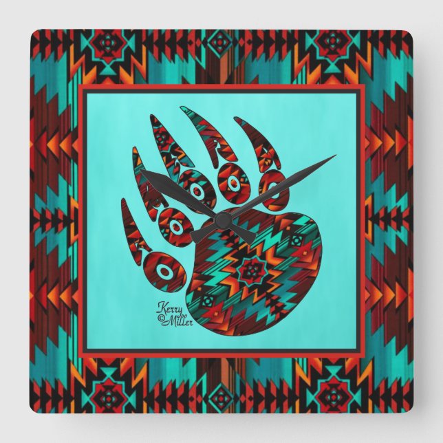 Southwest Tribal Bear Paw Square Wall Clock (Front)