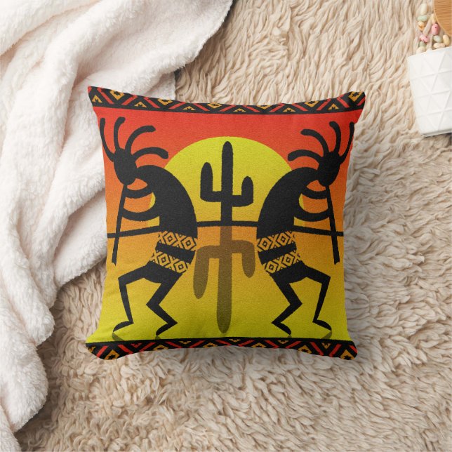 Southwest Tribal Cactus  Kokopelli Design Throw Pillow (Blanket)