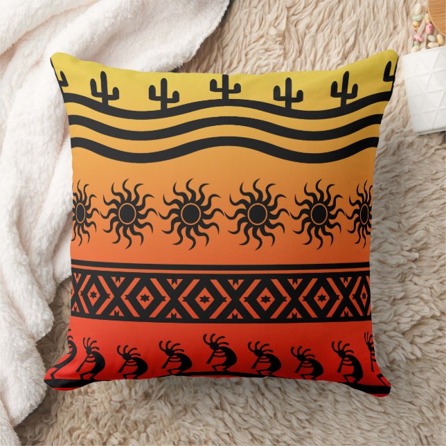 Southwest Tribal Desert Sun Cactus Kokopelli Throw Pillow (Blanket)