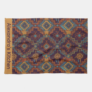 Southwest Tribal Gold Turquoise Dark Purple Kitchen Towel