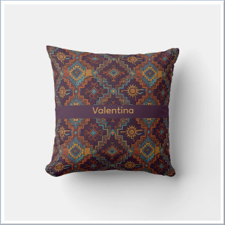 Southwest Tribal Gold Turquoise Dark Purple Throw Pillow