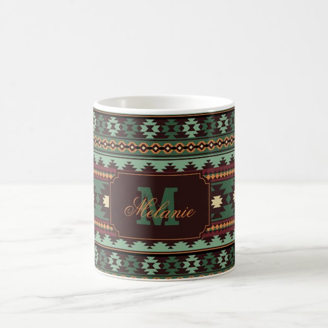 Southwest tribal green brown coffee mug (Center)