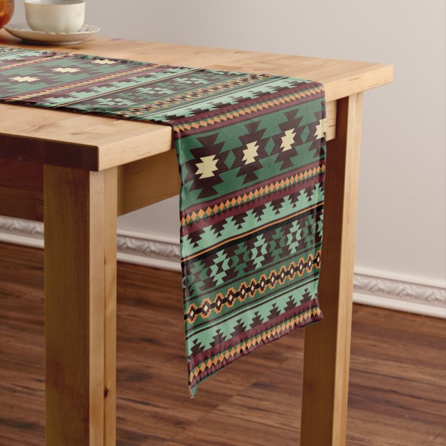 Southwest tribal green brown short table runner (In Situ)