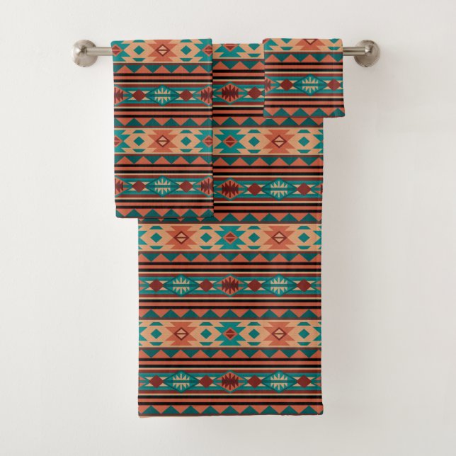 Southwest Tribal Pattern Turquoise Terracotta Bath Towel Set (Insitu)