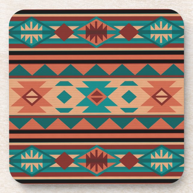 Southwest Tribal Pattern Turquoise Terracotta Coaster (Front)