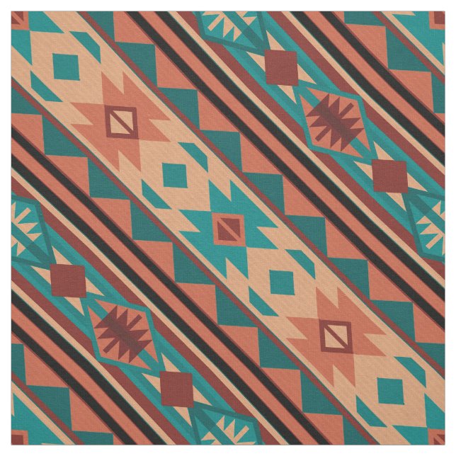 Southwest Tribal Pattern Turquoise Terracotta Fabric (Swatch)
