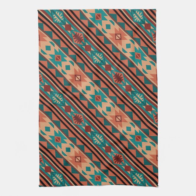 Southwest Tribal Pattern Turquoise Terracotta Kitchen Towel (Vertical)
