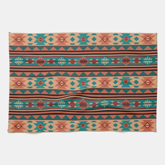 Southwest Tribal Pattern Turquoise Terracotta Kitchen Towel (Horizontal)