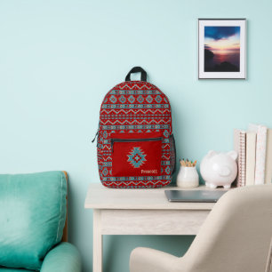 Southwest Turquoise & Red Geometric Monogram Printed Backpack