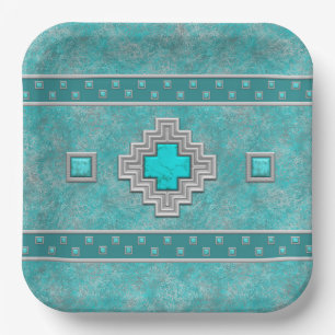 Southwest Turquoise Stone Geometric Design Paper Plate