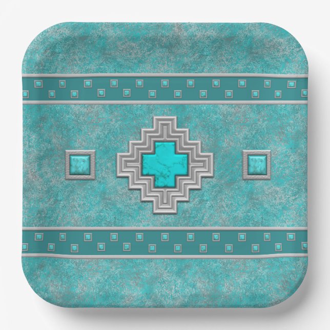 Southwest Turquoise Stone Geometric Design Paper Plate (Front)