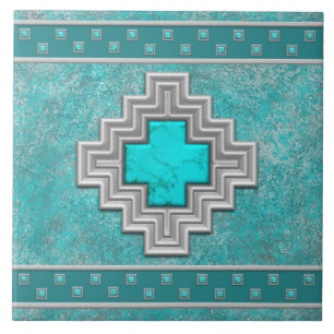 Southwest Turquoise Stone Geometric Pattern Tile